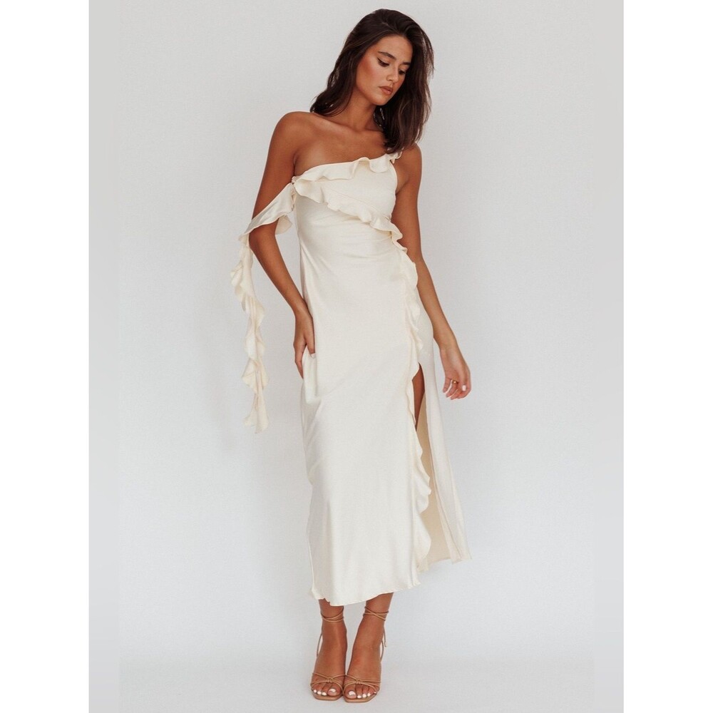 Selfie Leslie Like Yesterday Satin Ruffle Midi Dress Butter NWT Size M